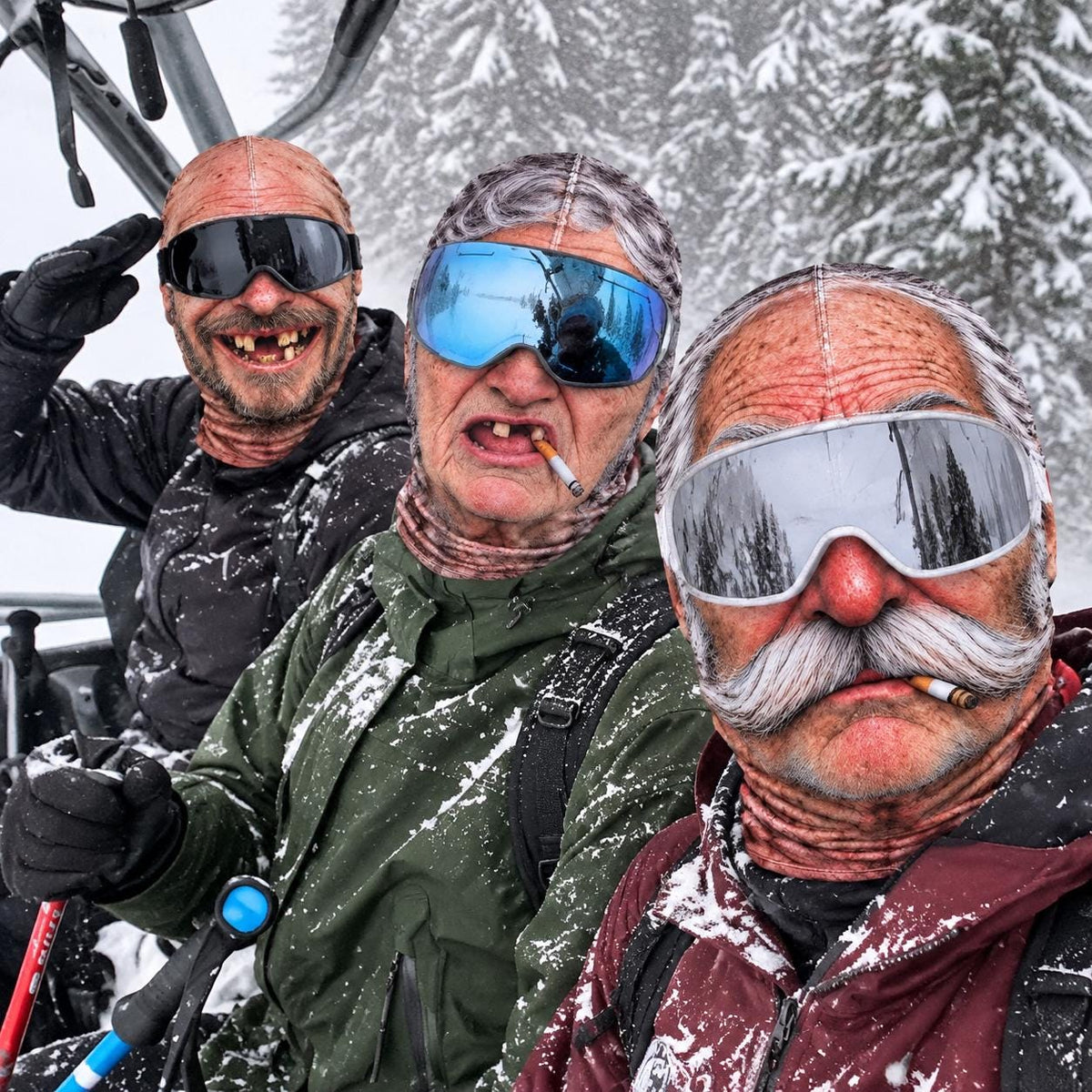 May include: Three individuals wearing textured, skin-toned balaclavas, ski goggles, and winter jackets. The left individual wears a black jacket, the center wears an olive green jacket, and the right wears a maroon jacket. Two have cigarettes in their mouths.
