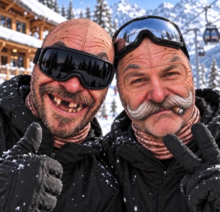 May include: Two individuals wearing black ski jackets, black gloves, and ski goggles. One individual has a mustache and a cigar in their mouth, while the other has missing teeth. Both wear tan-colored balaclavas that cover their heads and necks.