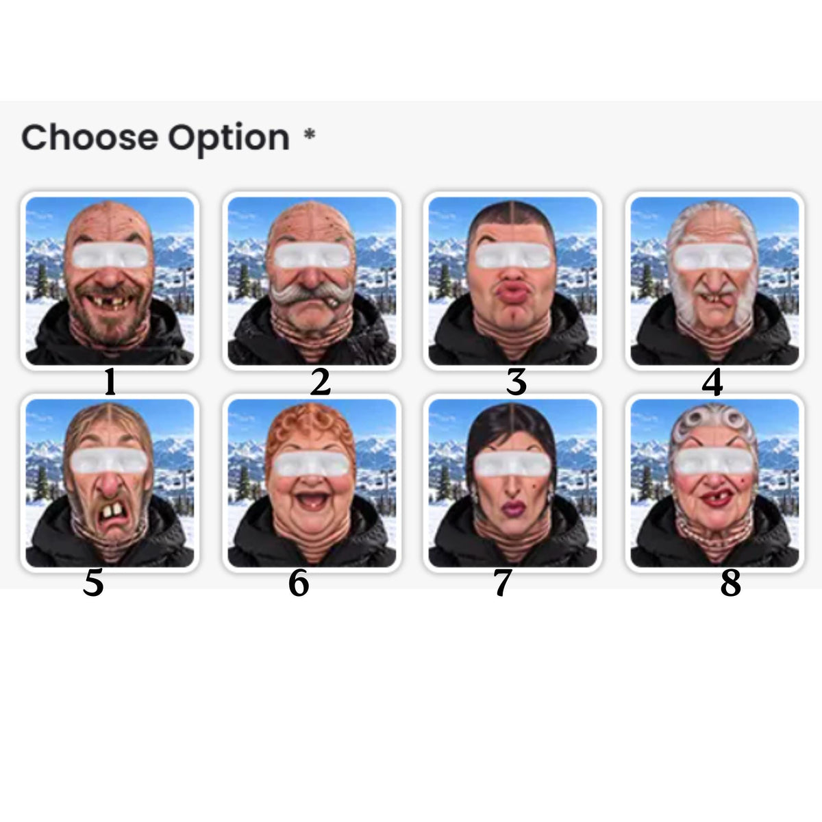 May include: A selection of eight full-face balaclava masks featuring realistic, humorous character prints with varied facial expressions, hairstyles, and features. Each mask is numbered one through eight and displays a mountain landscape background.