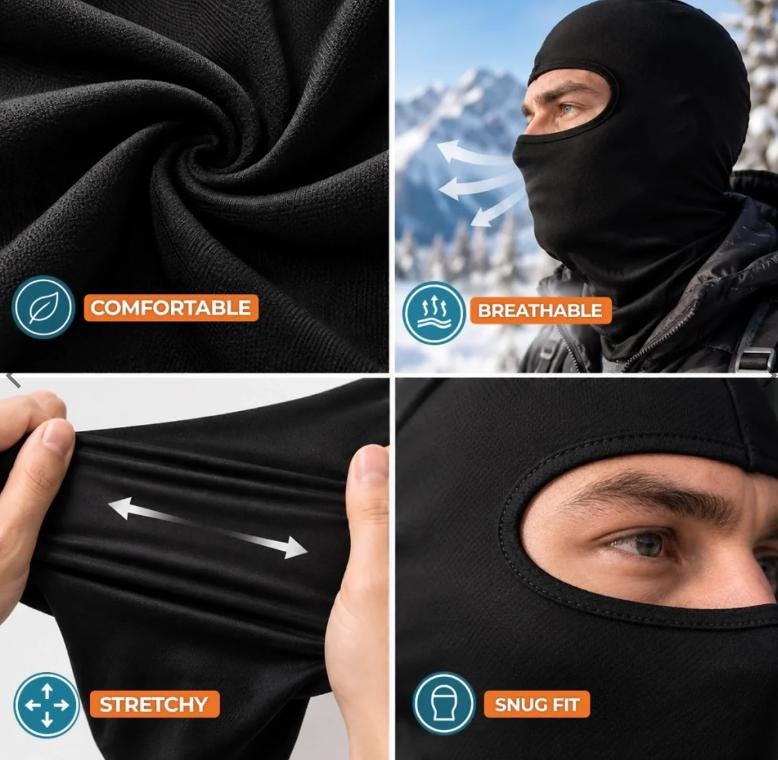May include: A black balaclava featuring a soft fabric texture, a breathable design for outdoor use, a stretchy material that expands when pulled, and a snug fit around the eyes. The image includes text labels: COMFORTABLE, BREATHABLE, STRETCHY, and SNUG FIT.