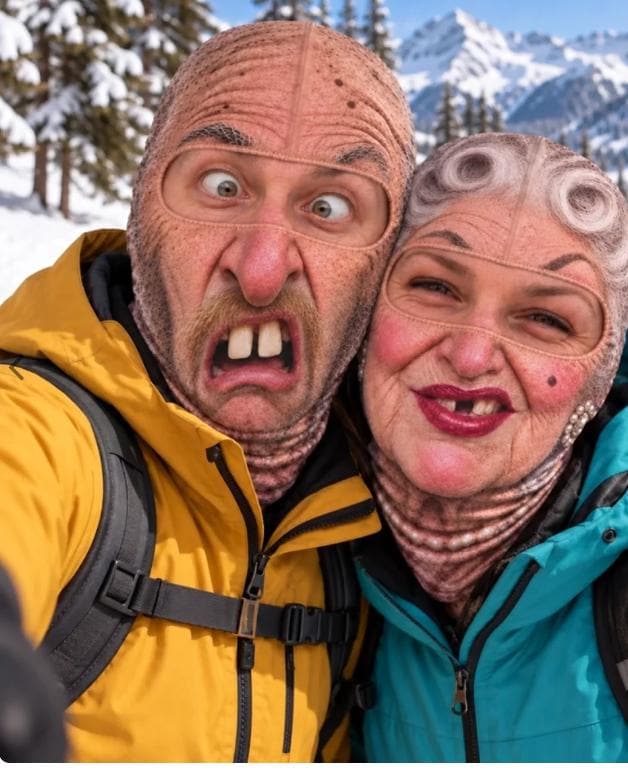 May include: Two balaclavas featuring realistic, high-definition prints of elderly faces. One balaclava displays a face with a mustache and prominent front teeth, while the other shows a face with styled grey hair, red lipstick, and a beauty mark.