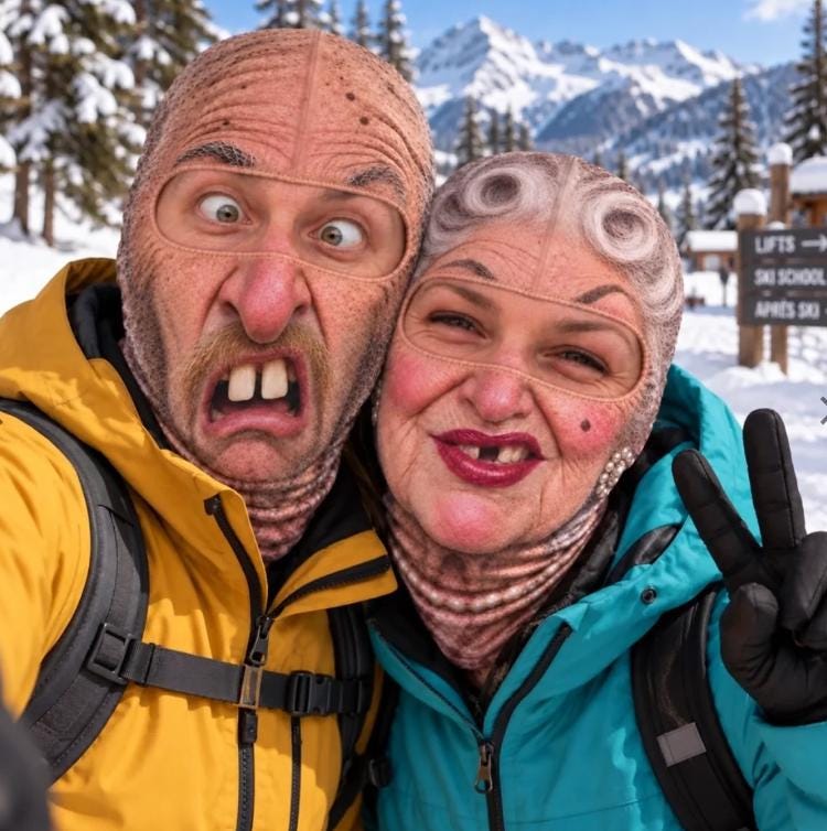 May include: Two people wearing realistic face-printed balaclavas, one with a mustache and prominent front teeth, the other with vintage-style hair and a beauty mark. They are dressed in a yellow jacket and a teal jacket with black gloves.