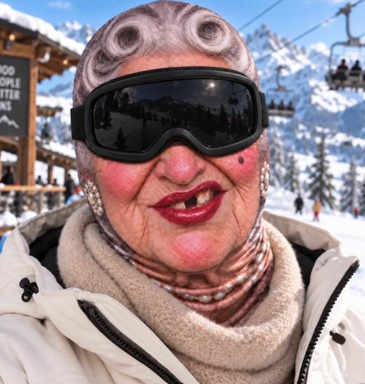 May include: A balaclava featuring a realistic print of an elderly person with grey hair in pin curls, pearl earrings, and a pearl necklace. The head covering is worn with black ski goggles, a white winter jacket, and a beige turtleneck sweater.
