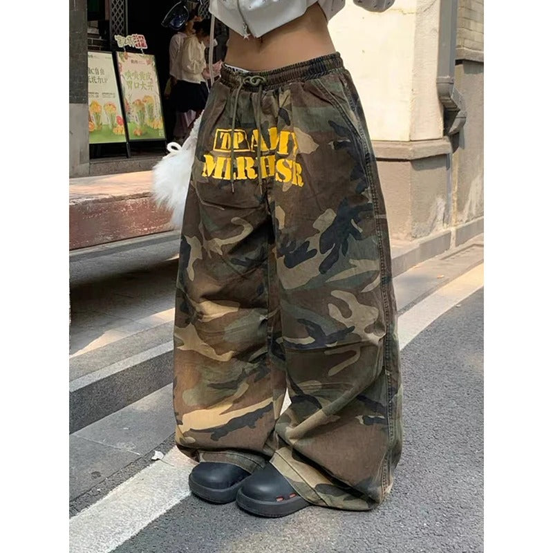 Men's Army Green Baggy Camouflage Pants Oversize Cargo Pants Harajuku Aesthetic 2000s Style Vintage Wide Leg Trousers Autumn