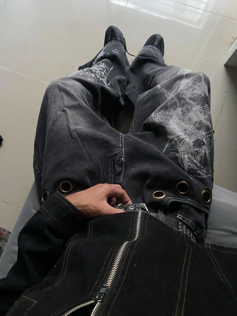 American New Fashion Oversized Pattern Printed Washed Jeans Men Gothic Rock Popular Casual Joker High Waist Wide Leg Pants