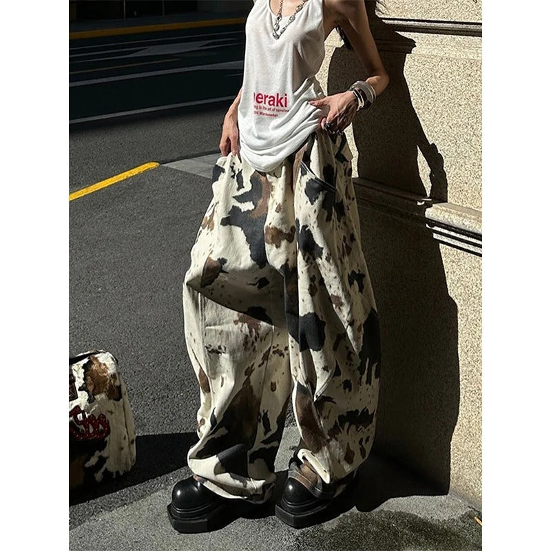 Women's Cow pattern Cargo Pants Harajuku Bent Knife Pants Japanese 2000s Style Vintage Oversize Hip Hop Trousers Clothes