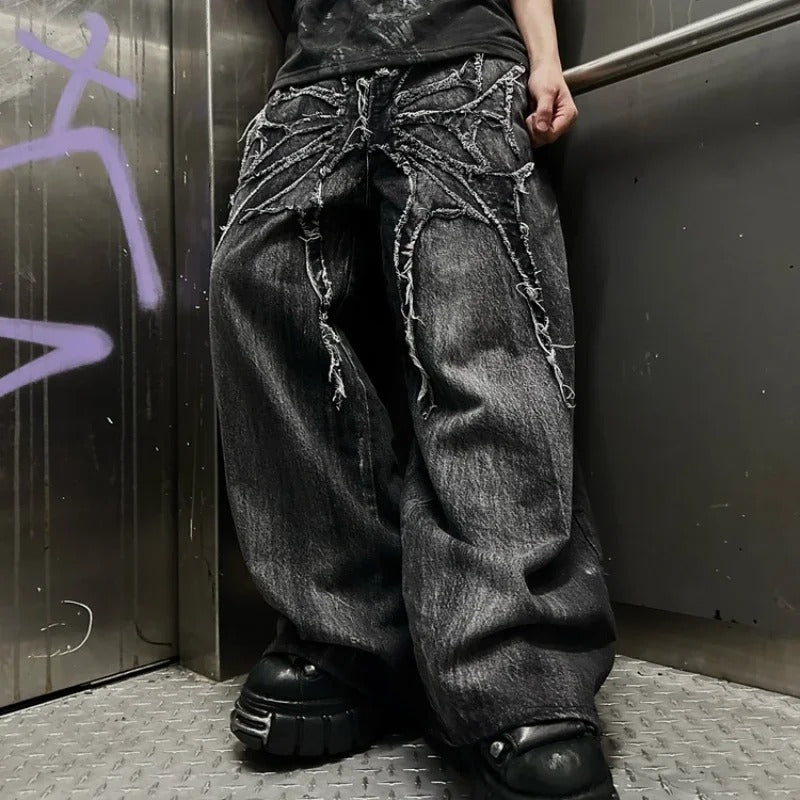 Gothic Retro Oversized Baggy Fit Unisex Mopping Pants Phantom Jeans High Street Spider Embroidered Patch Hip Hop Streetwear
