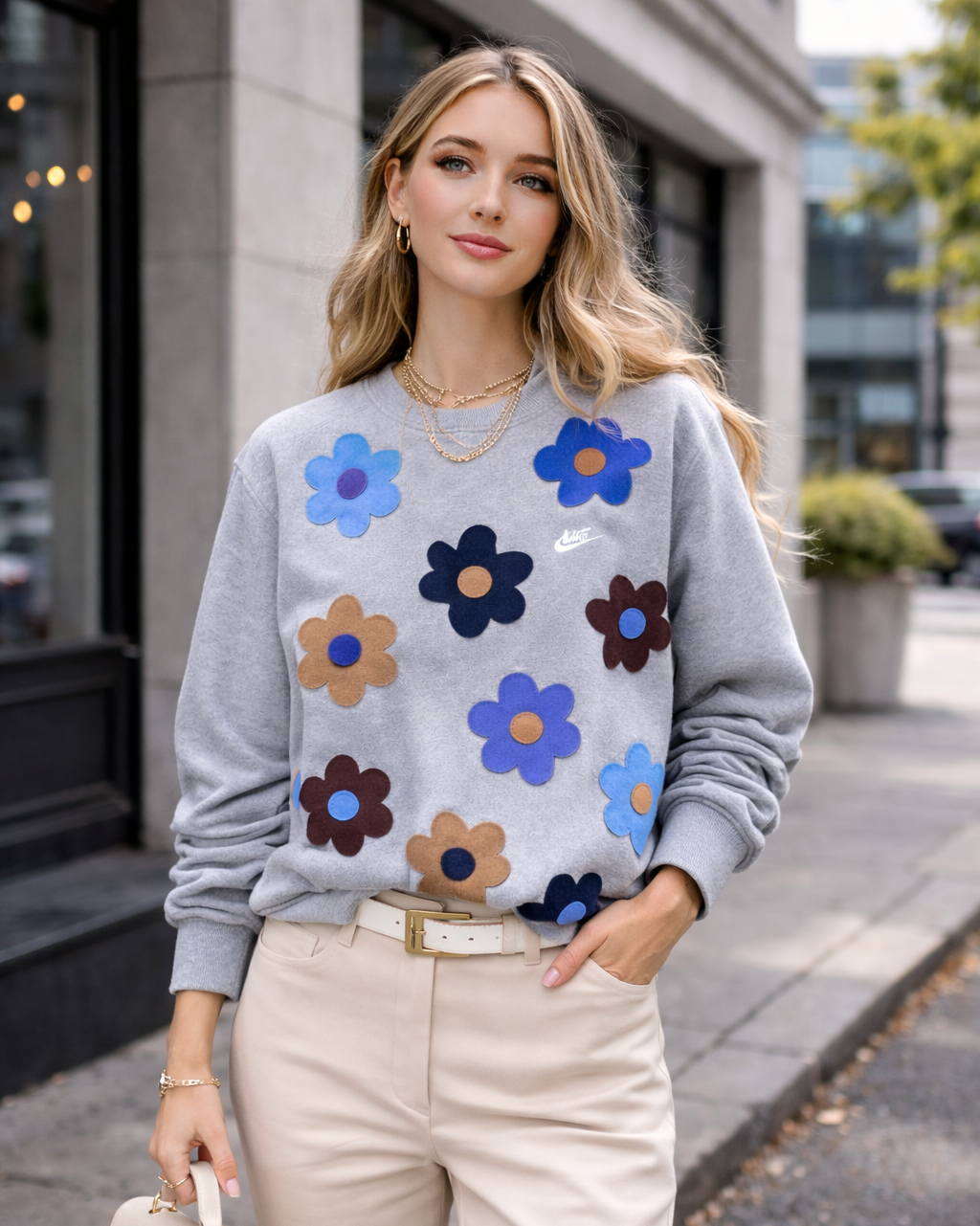 Flower Patch Sweatshirt, Upcycled Hoodie Sweatshirt, Street Style Top, Handmade Sweatshirt