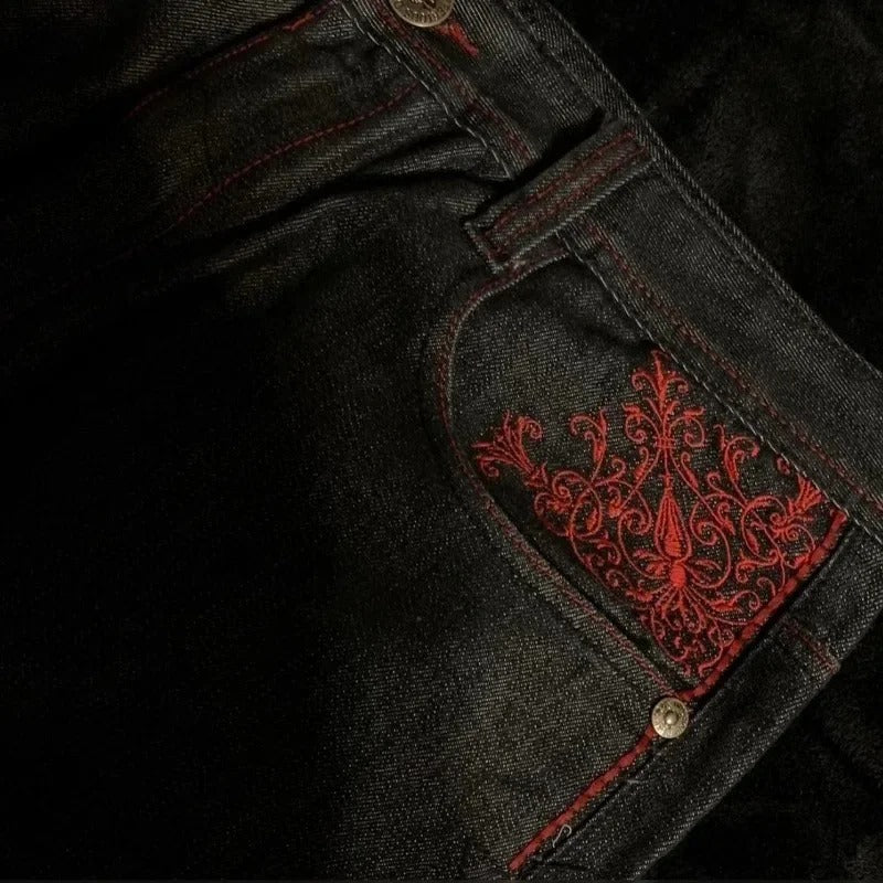 High Street Gothic Embroidered Men Black Red Pattern High Waist Jeans American Retro Street Couple Casual Pants