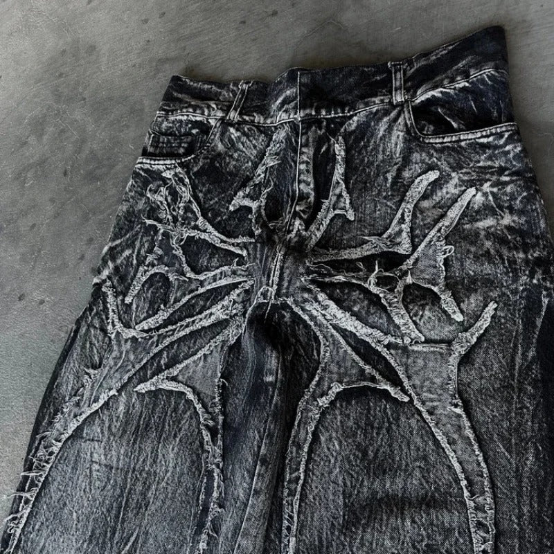 Gothic Retro Oversized Baggy Fit Unisex Mopping Pants Phantom Jeans High Street Spider Embroidered Patch Hip Hop Streetwear