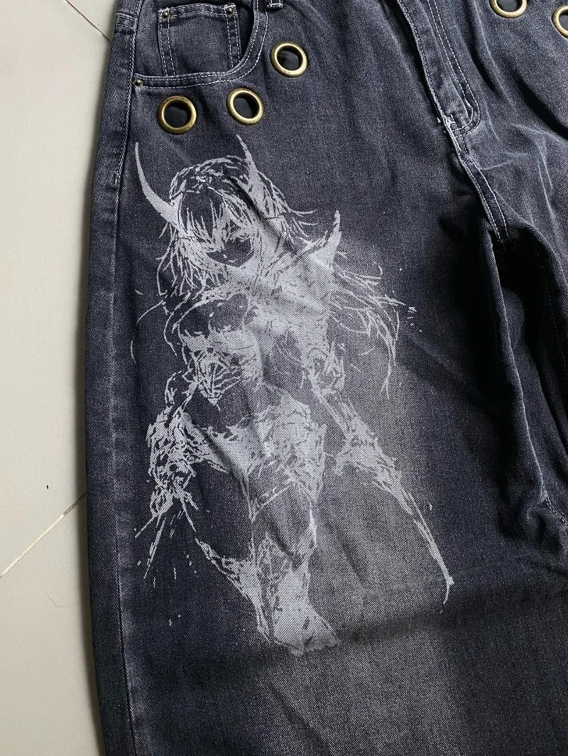 American New Fashion Oversized Pattern Printed Washed Jeans Men Gothic Rock Popular Casual Joker High Waist Wide Leg Pants
