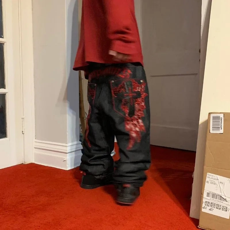 High Street Gothic Embroidered Men Black Red Pattern High Waist Jeans American Retro Street Couple Casual Pants