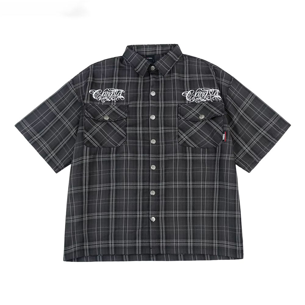 Chicano Safari Short Sleeve Shirt Mens Summer Streetwear Casual Loose Letter Embroidery Lapel Plaid Shirt Man