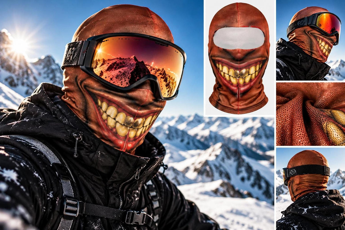 A composite product collage featuring a skier wearing a creepy smile balaclava ski mask with orange ski goggles, alongside studio detail shots of the fabric and mask design.