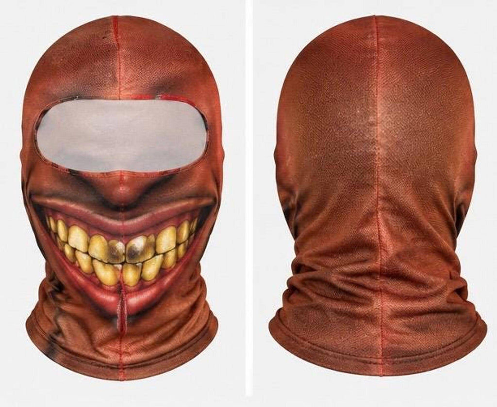 Front and back flat product views of a brown fabric balaclava featuring a printed realistic grinning mouth graphic with discolored teeth and an oval eye opening.