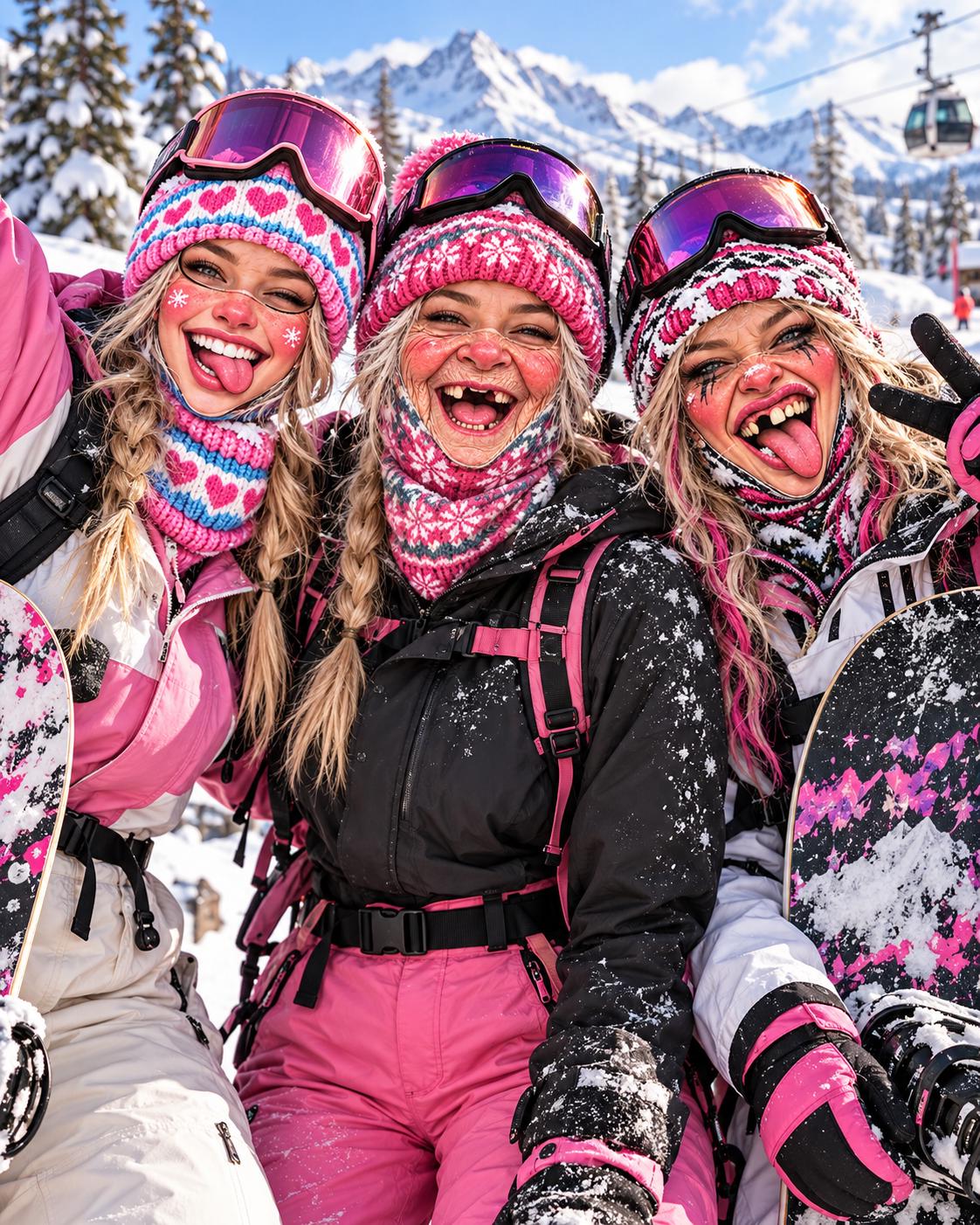 May include: Three individuals wearing colorful knit beanies with heart and snowflake patterns, pink and black ski jackets, and tinted goggles. They are equipped with snowboards and winter gear, featuring pink and white accents, against a snowy mountain.