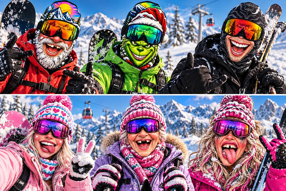 May include: A collage of six individuals wearing winter sports gear, including colorful ski goggles, patterned knit beanies, and insulated jackets. The group is posed in a snowy mountain landscape with ski lifts visible in the background.