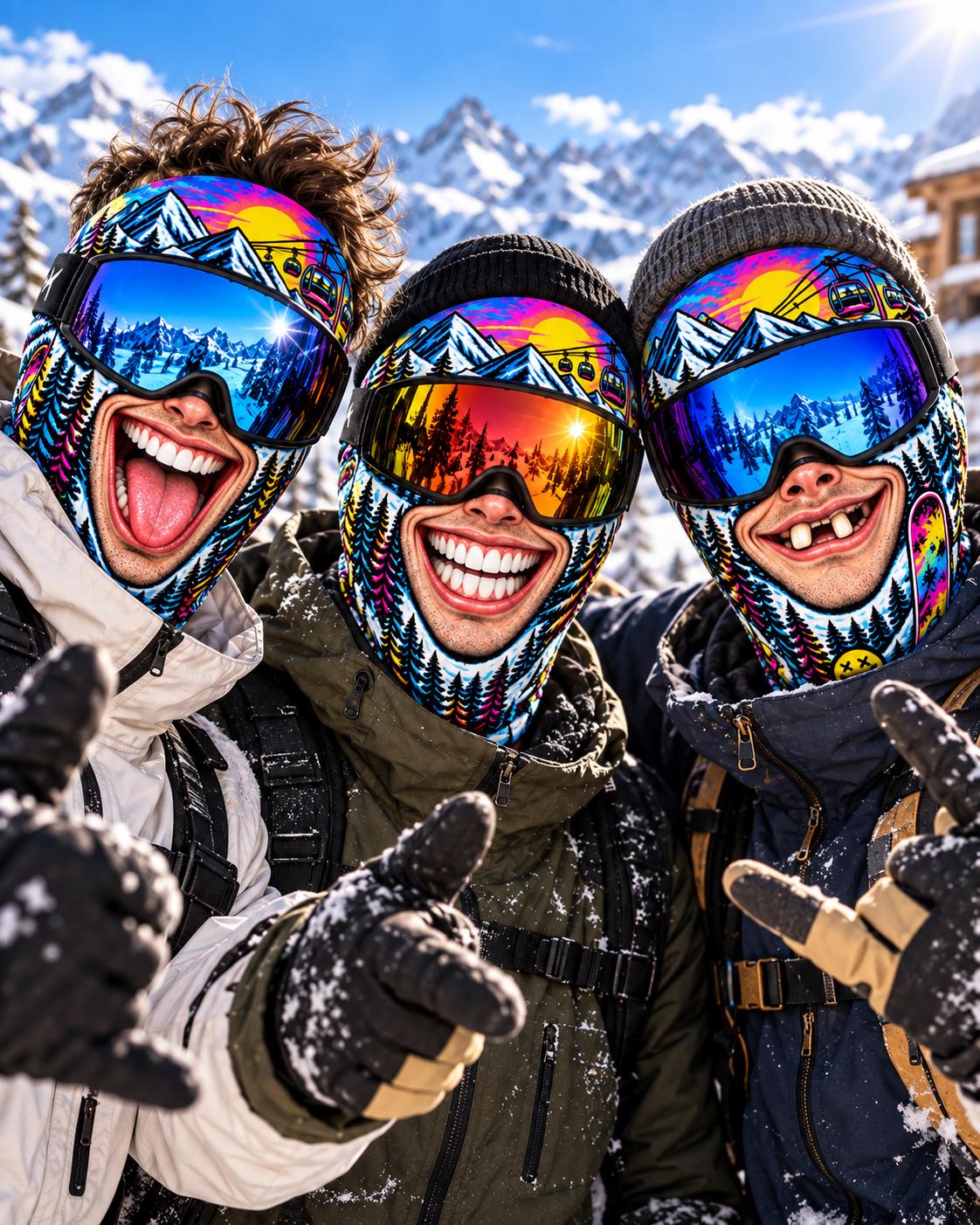 May include: Three people wearing colorful balaclavas featuring a mountain landscape print with a sunset, cable cars, and pine trees. Each person wears ski goggles with reflective lenses in blue, orange, and purple hues over their face masks.