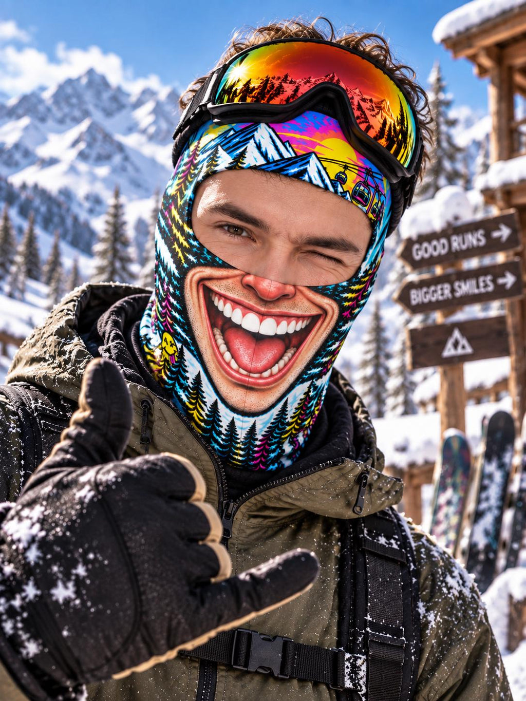May include: A multi-colored balaclava featuring a graphic print of a wide, laughing mouth with white teeth, set against a background of stylized pine trees, mountains, and a sunset. The balaclava is worn with reflective ski goggles.