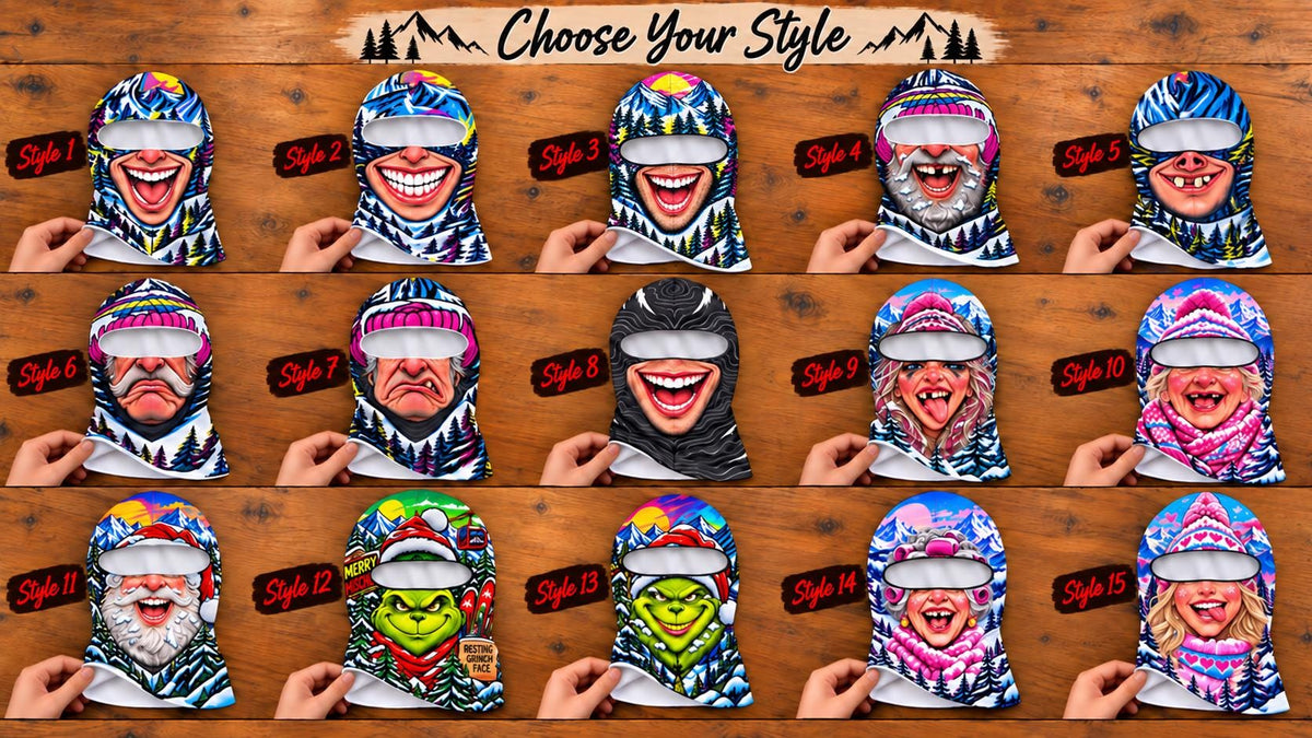 May include: A collection of fifteen balaclavas featuring various printed character faces and winter themes, labeled Style 1 through Style 15. Each mask includes a cutout for the eyes and displays colorful designs including Santa, elves, and creatures.
