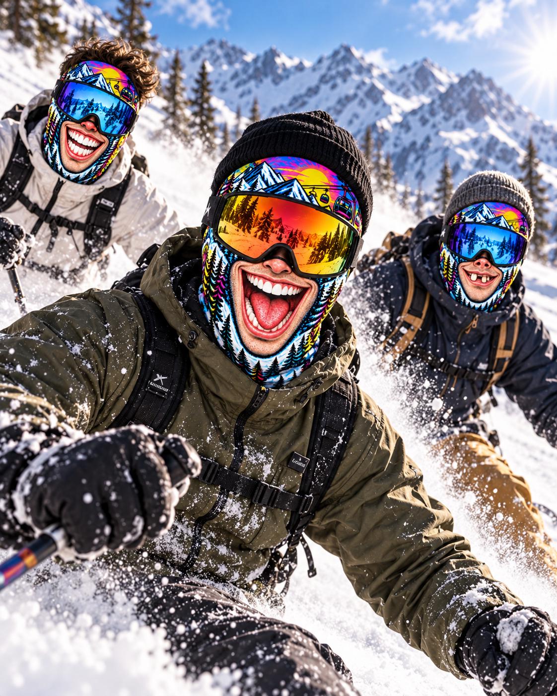 May include: Three individuals wearing ski goggles and face masks featuring a printed graphic of a wide, smiling mouth with teeth. The masks display a colorful mountain landscape with trees and a sunset. They wear winter jackets, beanies, and gloves.