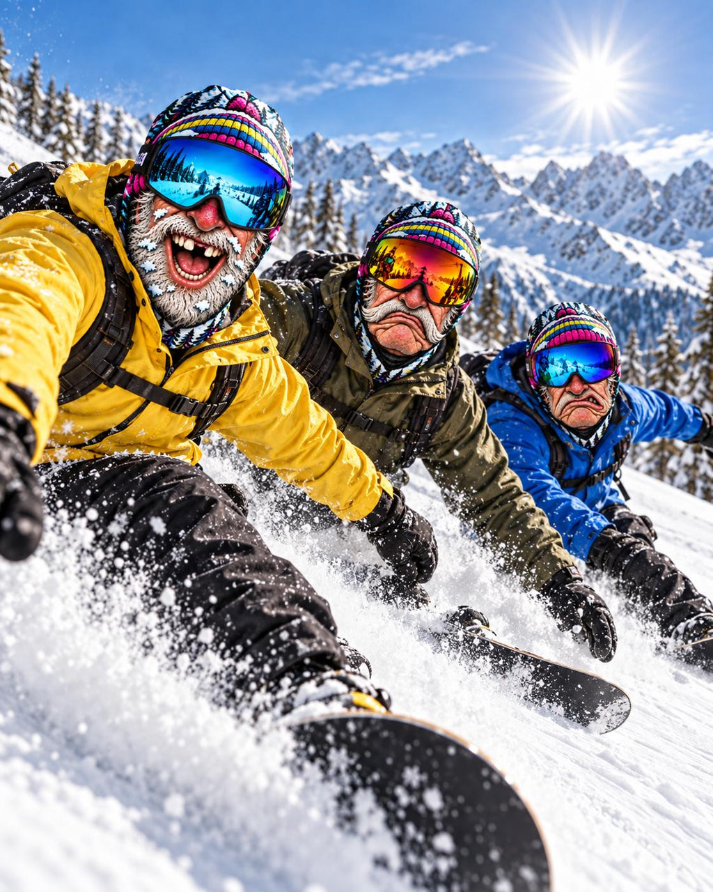 May include: Three snowboarders wearing colorful patterned beanies and tinted goggles are carving through deep snow on a mountain slope. They are dressed in yellow, olive green, and blue jackets with black snow pants and gloves, moving downhill.