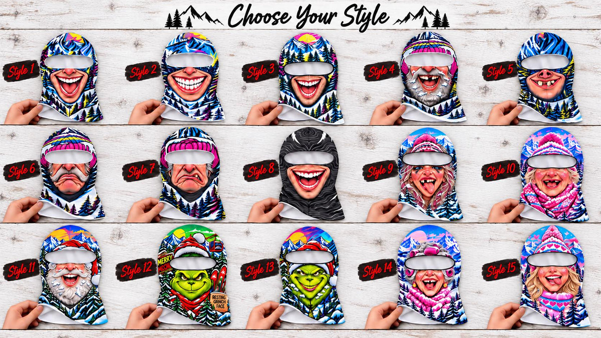 May include: A collection of fifteen balaclavas featuring various printed character faces and winter themes, labeled Style 1 through Style 15. Each head covering displays a unique graphic design, including smiling mouths, bearded figures, and holiday-themed characters.
