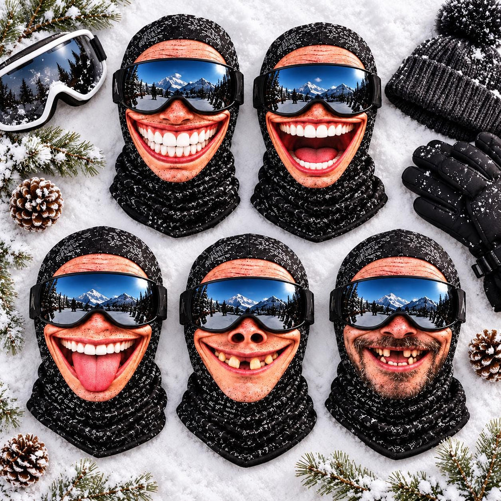 May include: Five black balaclavas featuring realistic human face prints with wide smiles, some showing teeth or tongues, paired with ski goggles reflecting snowy mountains. The set includes a separate pair of white-framed goggles, a black knit hat, and black gloves.