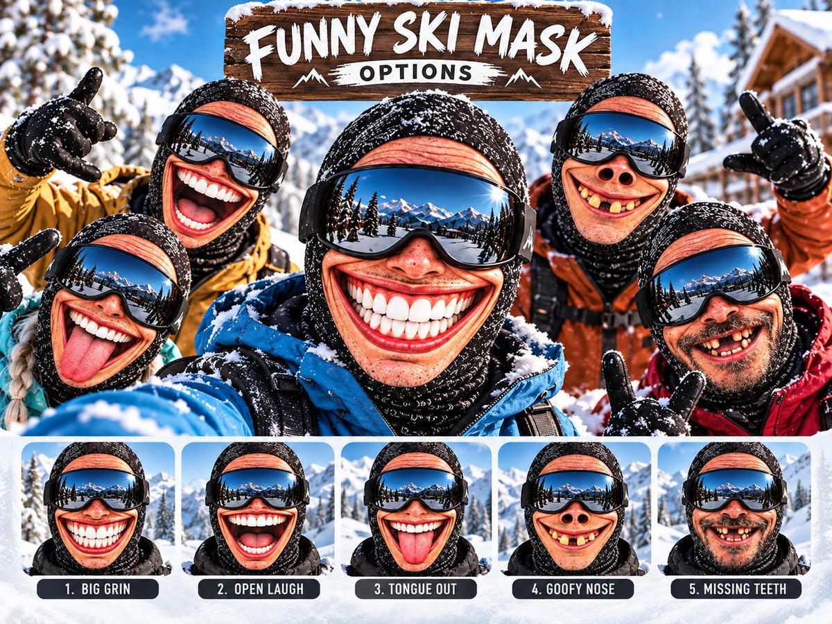May include: A collection of ski masks featuring exaggerated facial expressions including big grins, open laughs, tongues out, goofy noses, and missing teeth. Each mask is worn with dark goggles reflecting a snowy mountain landscape and a black balaclava.