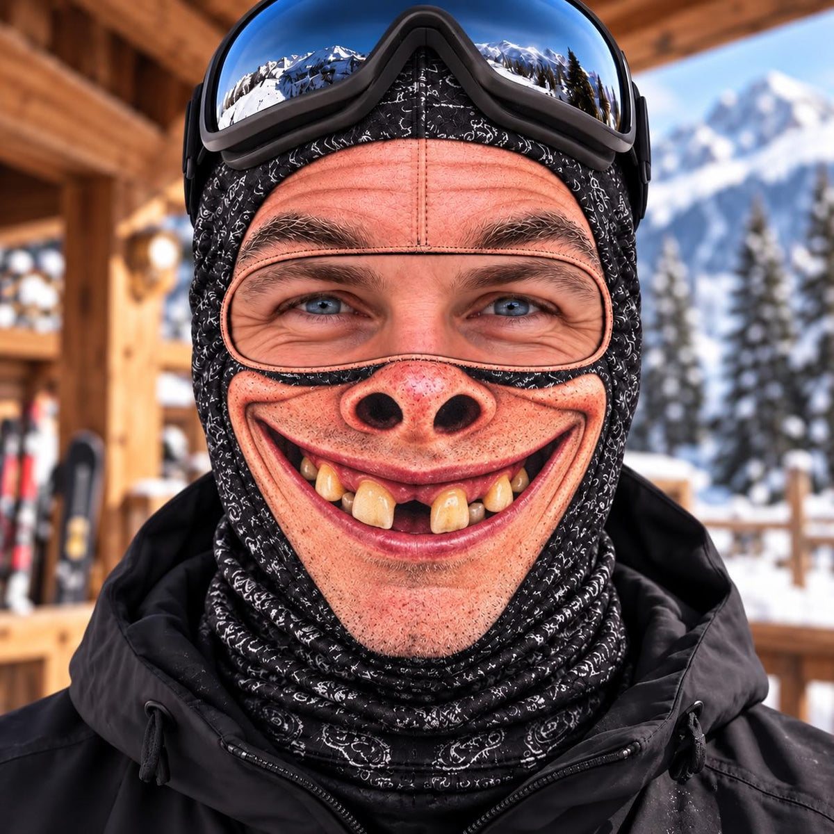 May include: A black balaclava featuring a realistic graphic print of a wide, toothy grin with a prominent nose and missing teeth. The headgear includes a large eye opening and is worn with dark-tinted ski goggles resting on the forehead.