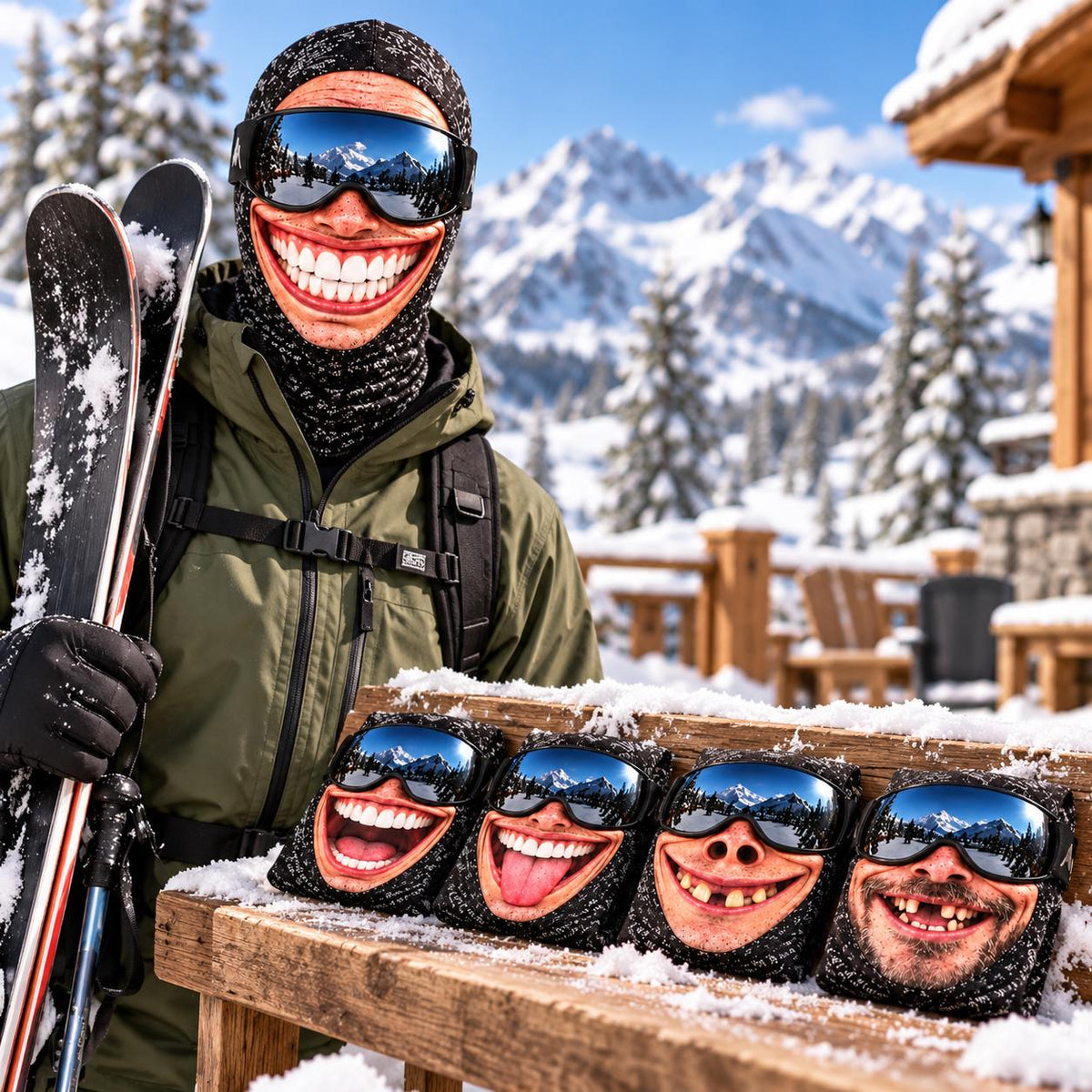 May include: A person wearing an olive green jacket, black gloves, and a black balaclava with a printed wide-mouthed grin and ski goggles, holding skis. Four additional balaclavas with various printed mouth expressions and goggles are on a wooden bench.