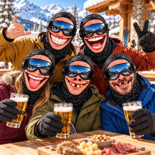 May include: Five individuals wearing black knit balaclavas and ski goggles with reflective lenses, dressed in winter jackets. They are holding glasses of beer, with a wooden board featuring cheese, nuts, and cured meat in the foreground.