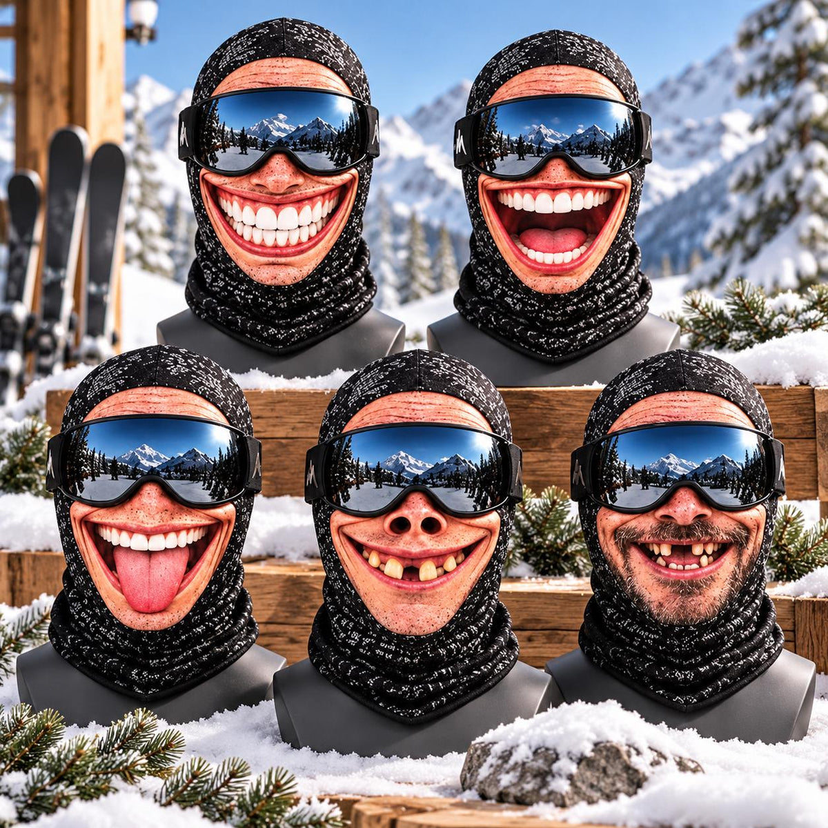 May include: Five black and grey patterned balaclavas displayed on mannequin heads, each featuring a realistic human face print with a wide, exaggerated mouth and teeth, paired with black ski goggles reflecting a snowy mountain landscape.