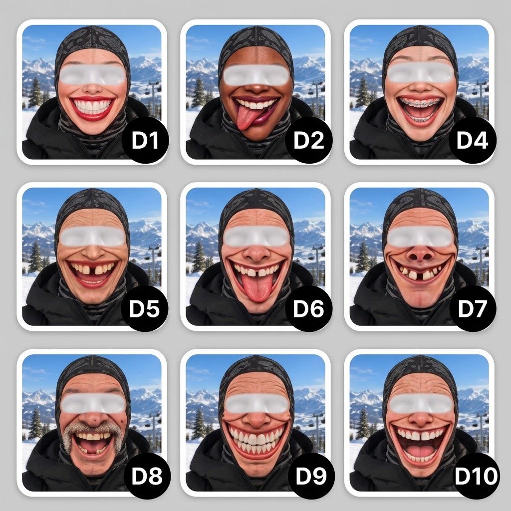 May include: A collection of nine square face mask prints featuring various exaggerated facial expressions, including wide smiles, missing teeth, braces, and mustaches, all worn with a dark patterned balaclava against a snowy mountain background.