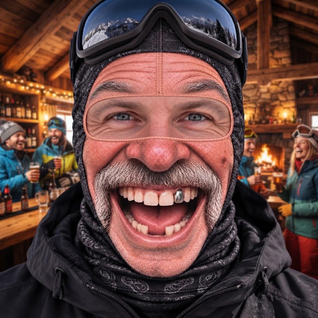 May include: A person wearing a black patterned balaclava and black ski goggles on their forehead. The person has a gray mustache, a silver tooth, and a wide, open-mouthed expression. They are wearing a black jacket over the balaclava.