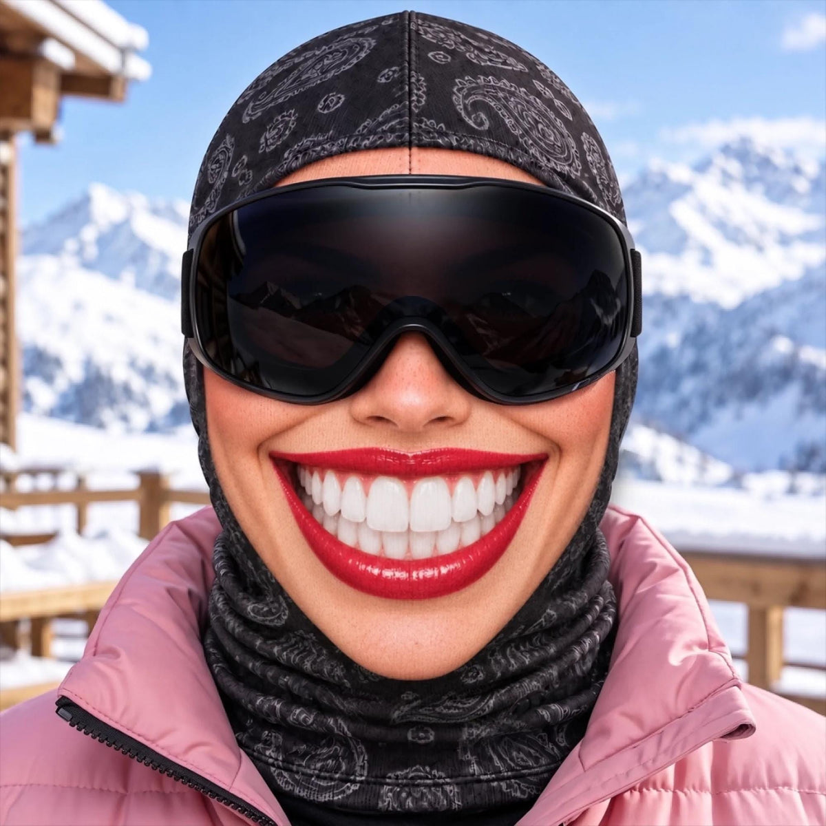 May include: A black balaclava featuring a grey paisley pattern worn under large black ski goggles. The headgear covers the head and neck, paired with a light pink quilted jacket. The design includes a fitted hood and a high neck gaiter section.