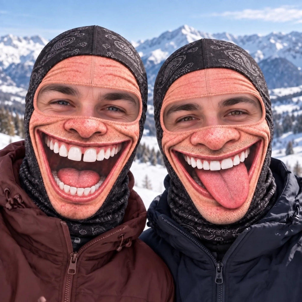 May include: Two balaclavas featuring a realistic print of a wide, grinning human face with prominent teeth. One face shows a closed-mouth smile with a gap between the front teeth, while the other displays a wide grin with a tongue sticking out.