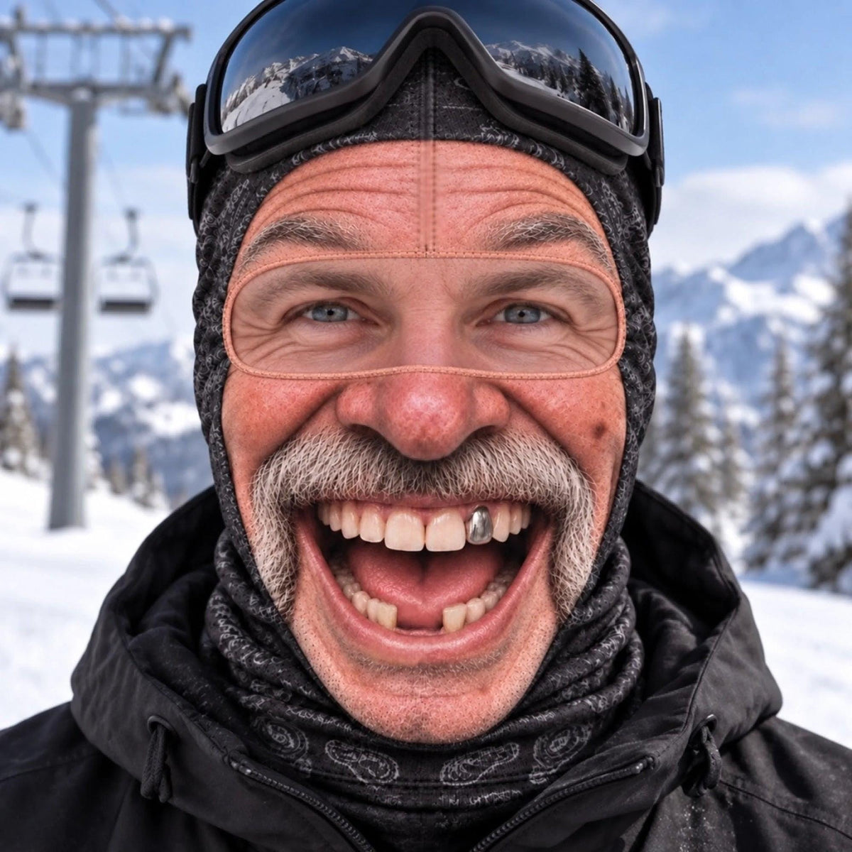 May include: A dark gray and black patterned balaclava worn under black ski goggles. The balaclava features a single large opening for the eyes and nose. The fabric has a textured, heathered appearance, providing full coverage for the head and neck.
