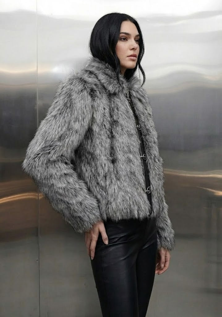 Gray Faux Fur Crop Jacket