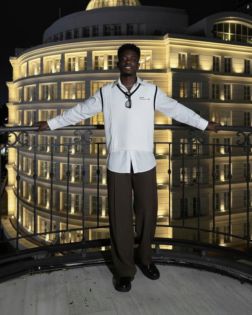 Unique Chic Set: Knitted Sweater With White Linen Shirt And Long Pants In A Minimalist Chic Style