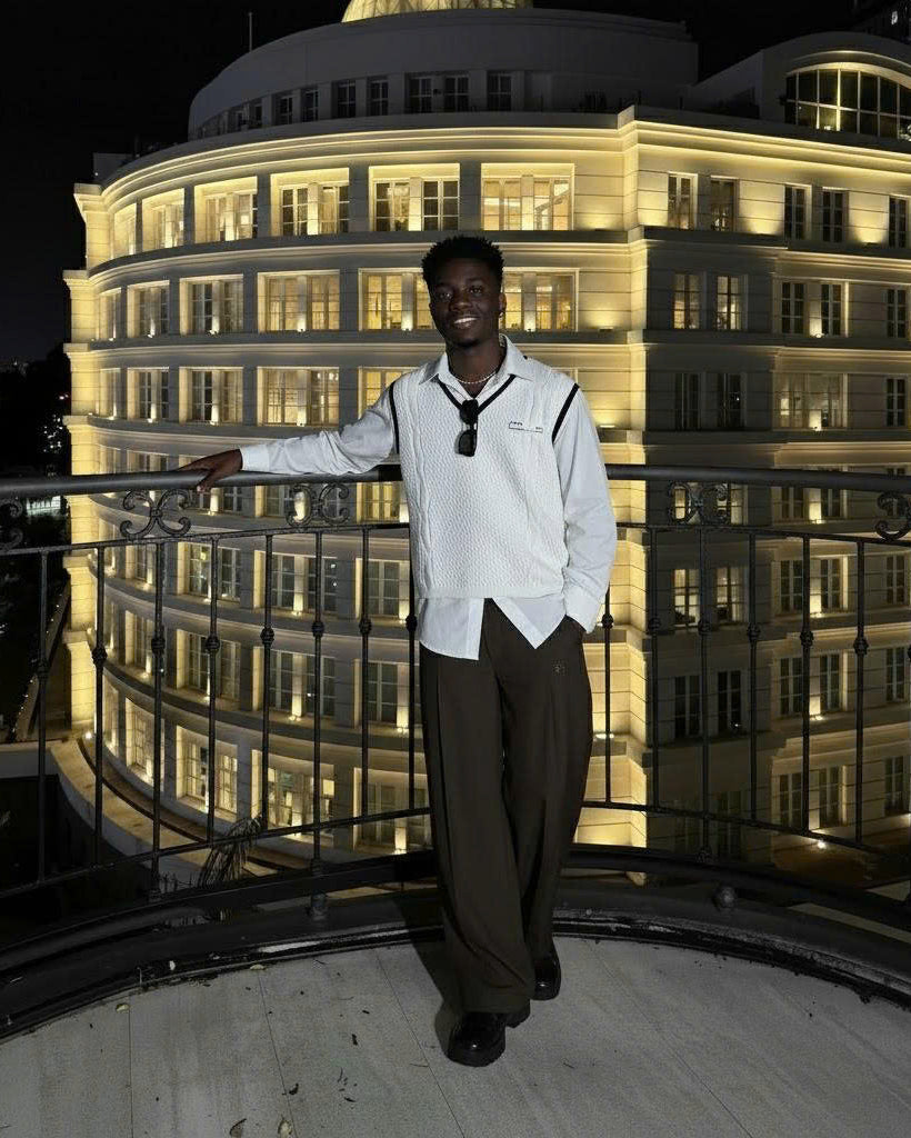 Unique Chic Set: Knitted Sweater With White Linen Shirt And Long Pants In A Minimalist Chic Style