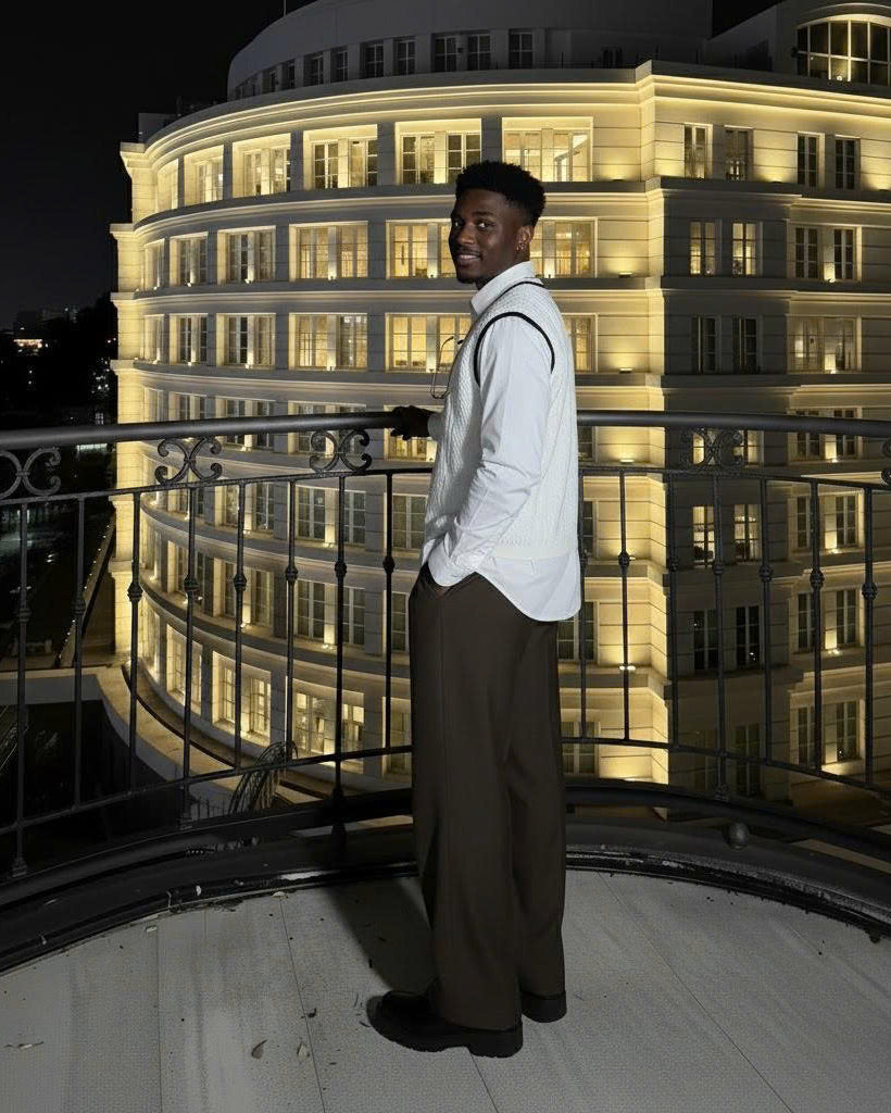 Unique Chic Set: Knitted Sweater With White Linen Shirt And Long Pants In A Minimalist Chic Style