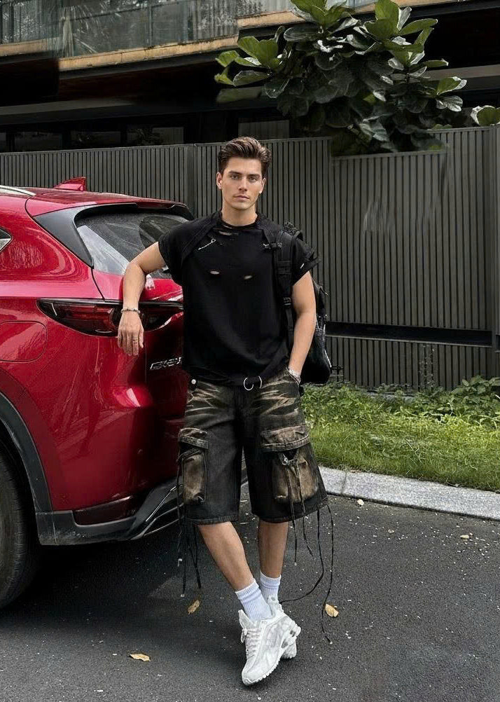 Midnight Bloom Set: Black Ripped T-Shirt And Shorts With Drawstring Pockets