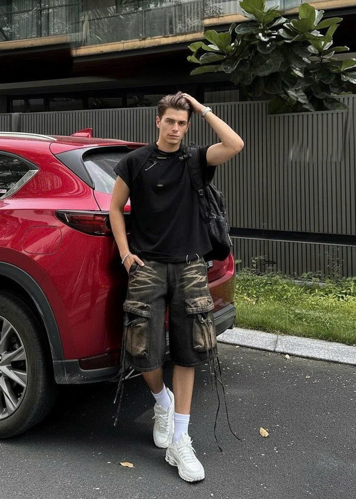 Midnight Bloom Set: Black Ripped T-Shirt And Shorts With Drawstring Pockets