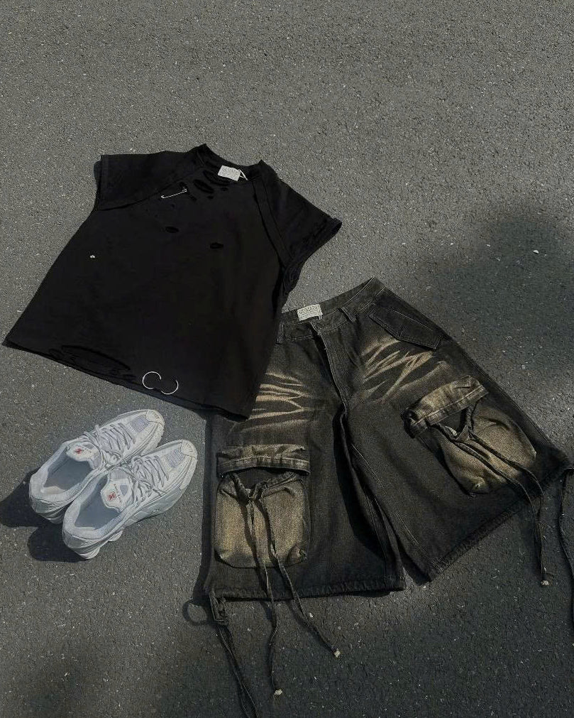 Midnight Bloom Set: Black Ripped T-Shirt And Shorts With Drawstring Pockets