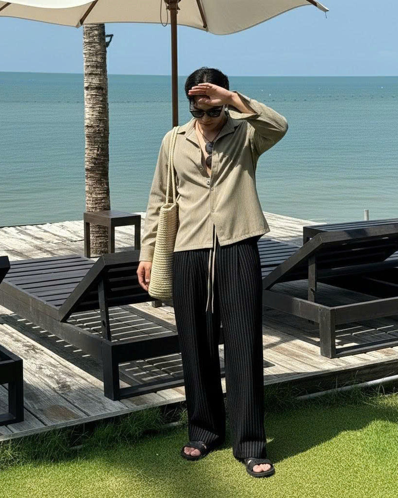 TOVE Set with Long-Sleeve Shirt and Black Pants with White Stripes