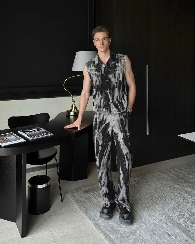 SET DIVINE CHAOS with Black Tie-Dye Short-Sleeve Top and Black Tie-Dye Long Pants