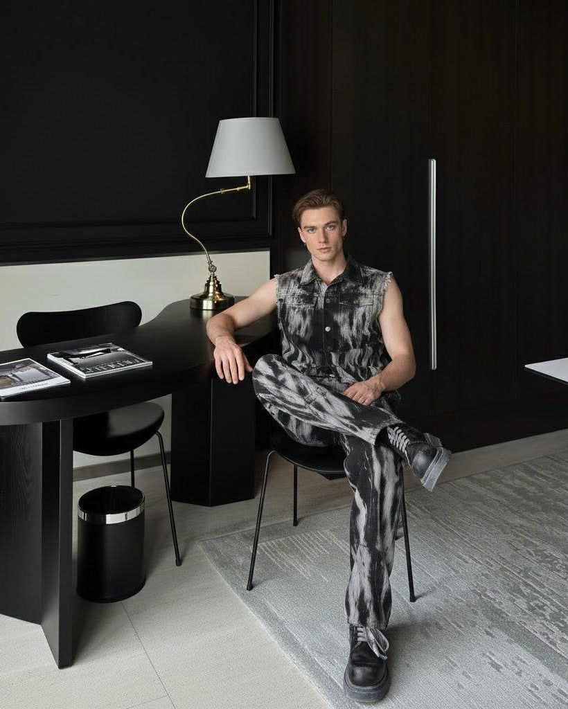 SET DIVINE CHAOS with Black Tie-Dye Short-Sleeve Top and Black Tie-Dye Long Pants