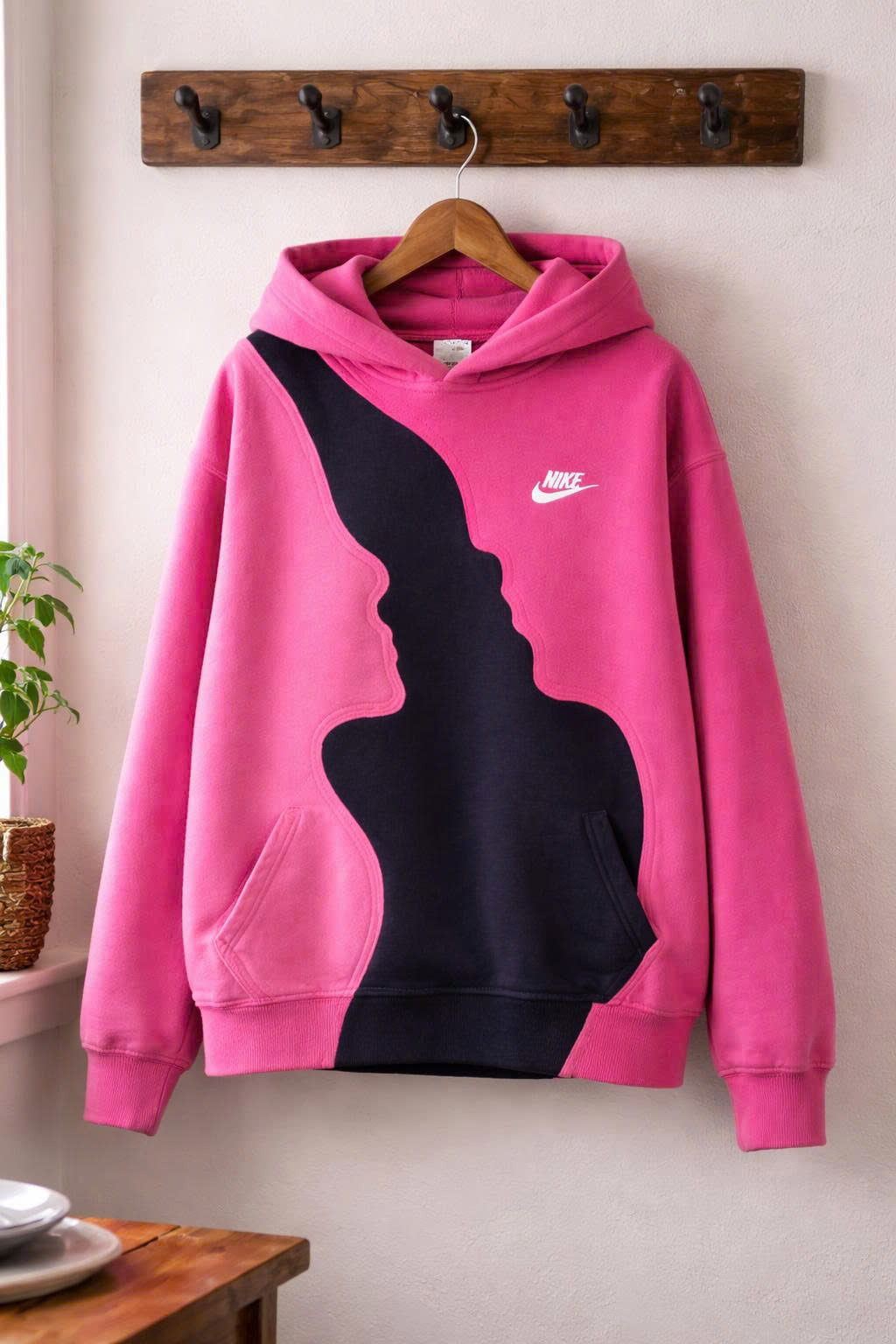 Upcycled Pink Black Hoodie, Color Block Sweatshirt, Sustainable Streetwear