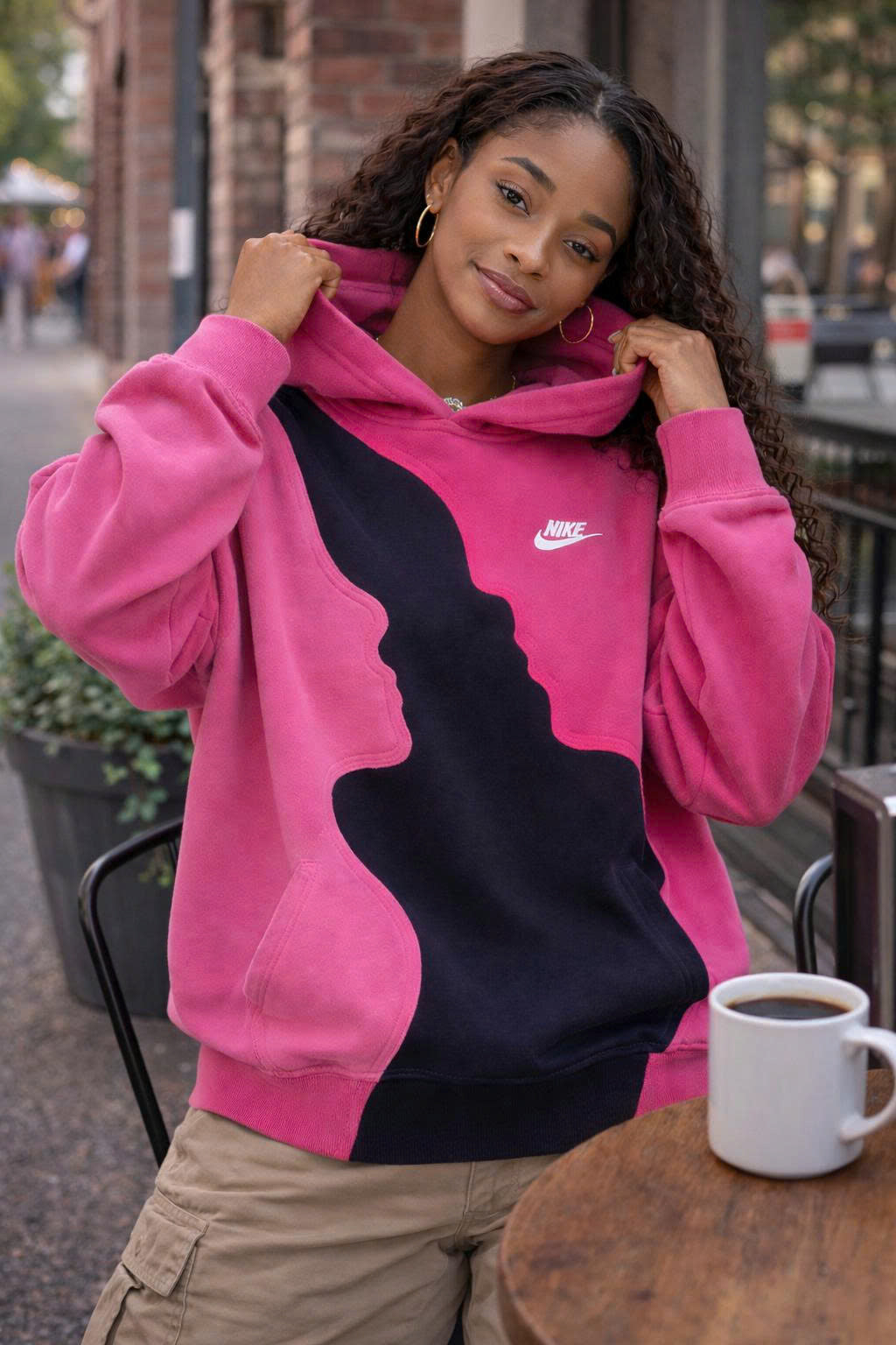 Upcycled Pink Black Hoodie, Color Block Sweatshirt, Sustainable Streetwear